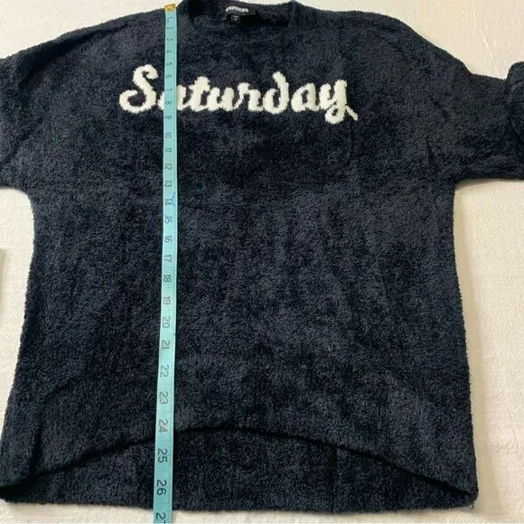 Express Fuzzy Saturday Script Graphic Teddy Sweater Black Small Petite