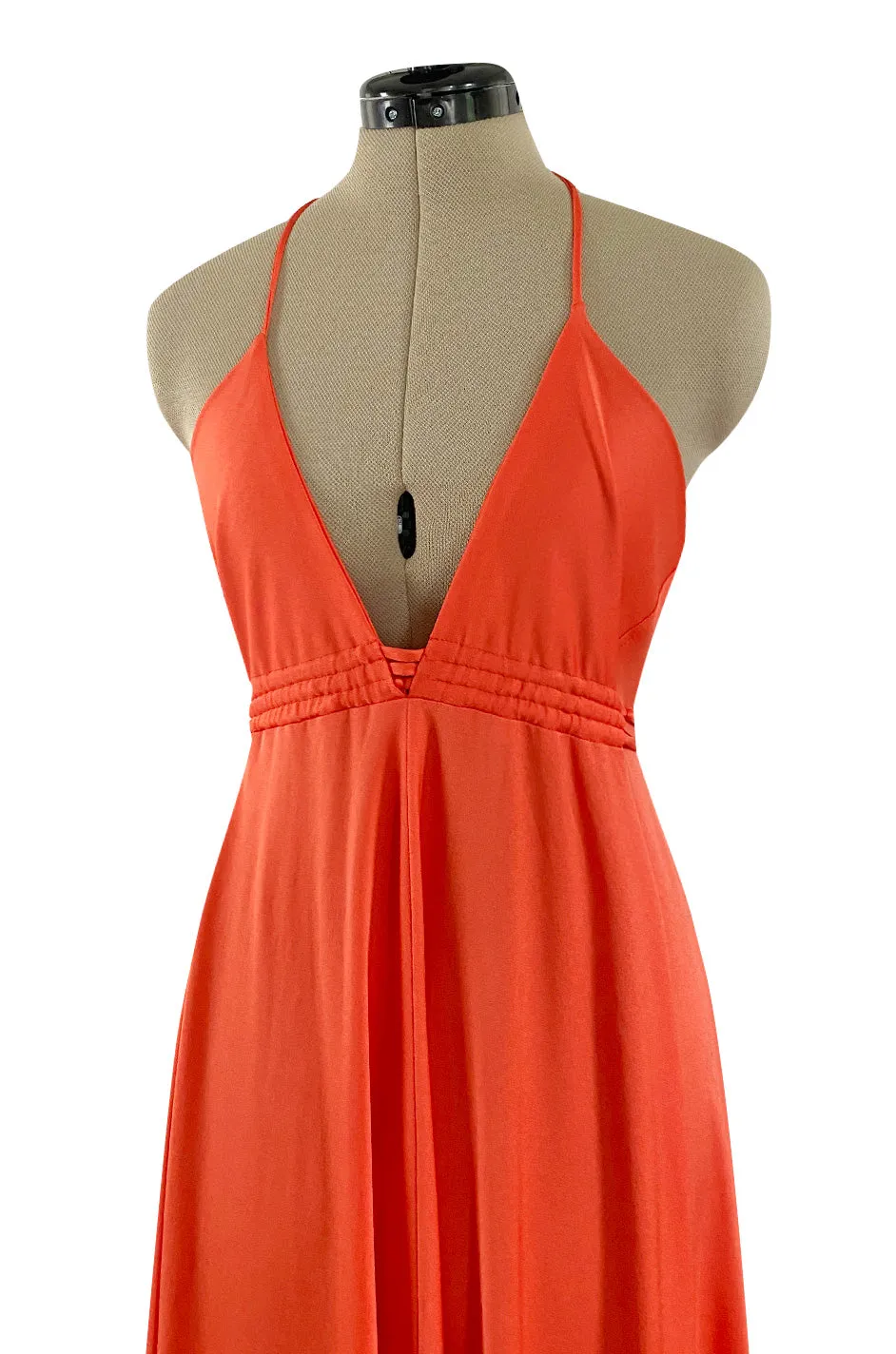 Fantastic 1970s Frank Usher Coral Jersey Dress w a Deep Front Plunge & No Back