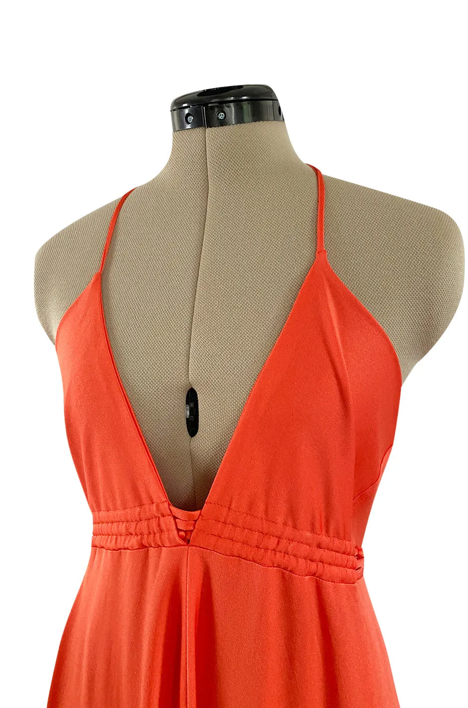 Fantastic 1970s Frank Usher Coral Jersey Dress w a Deep Front Plunge & No Back