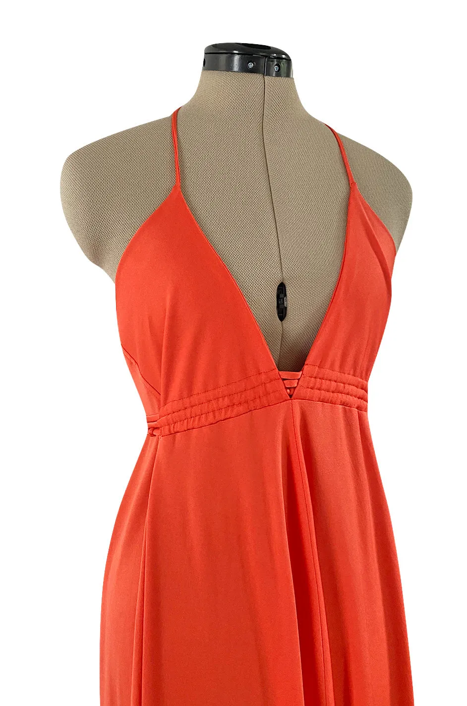 Fantastic 1970s Frank Usher Coral Jersey Dress w a Deep Front Plunge & No Back
