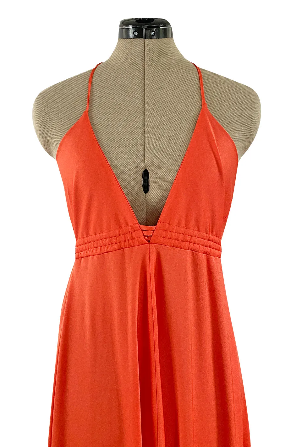 Fantastic 1970s Frank Usher Coral Jersey Dress w a Deep Front Plunge & No Back