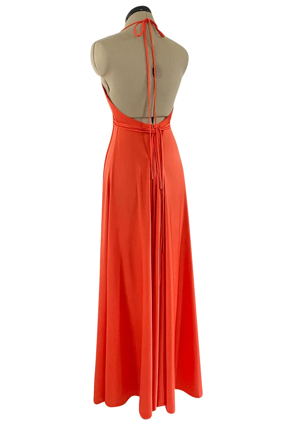 Fantastic 1970s Frank Usher Coral Jersey Dress w a Deep Front Plunge & No Back