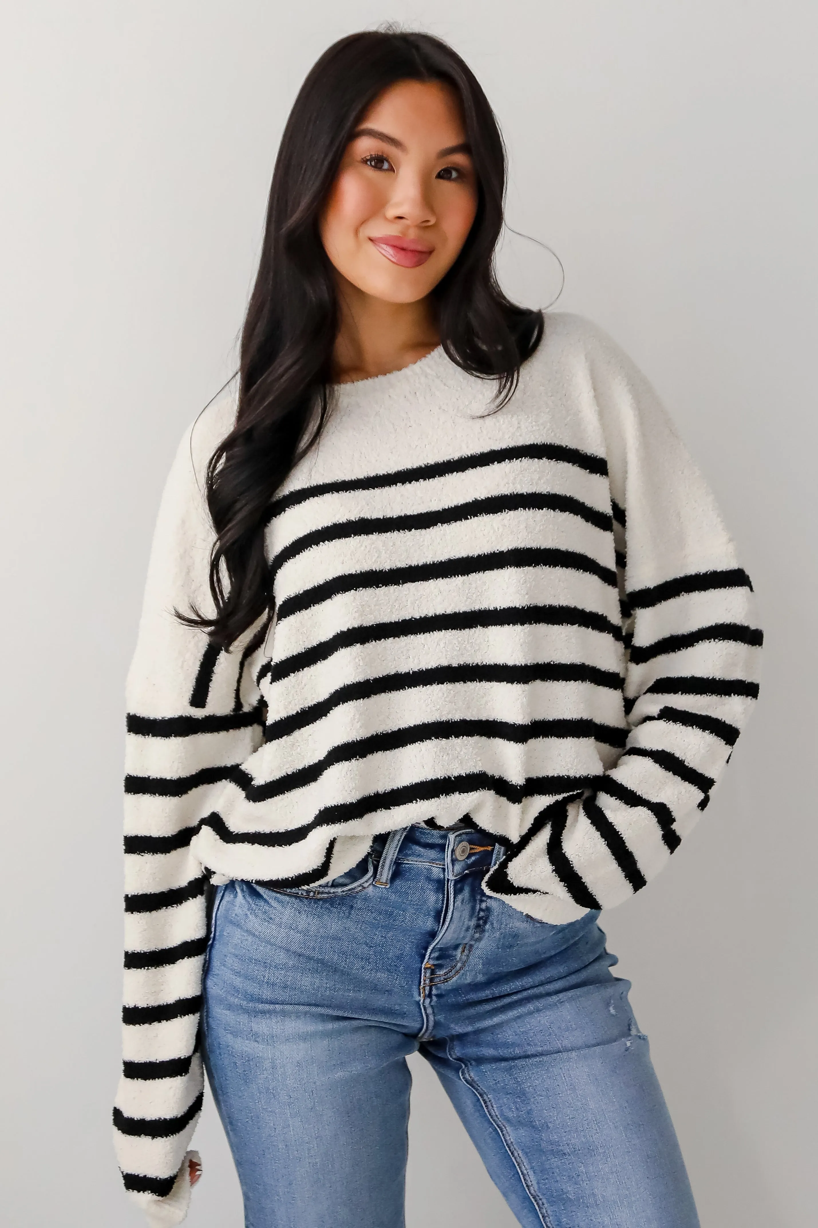 FINAL SALE - Delightful Weather Cream Striped Fuzzy Knit Sweater
