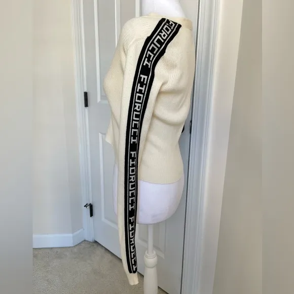 Fiorucci Revolve Ribbed Cropped Knit Logo Tape Cardigan Sweater Cream Black S