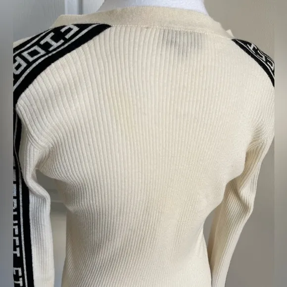 Fiorucci Revolve Ribbed Cropped Knit Logo Tape Cardigan Sweater Cream Black S