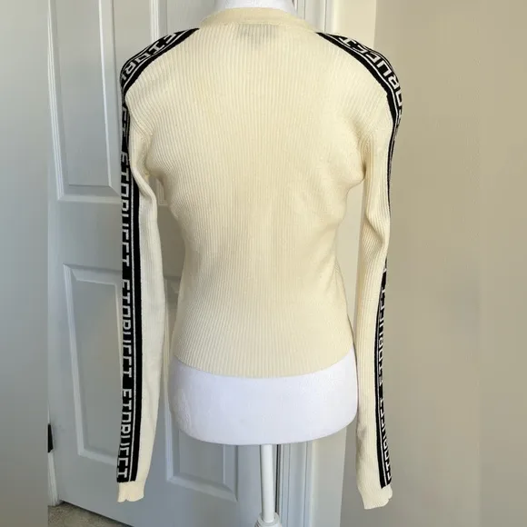 Fiorucci Revolve Ribbed Cropped Knit Logo Tape Cardigan Sweater Cream Black S