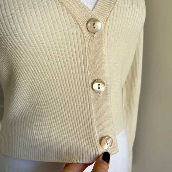 Fiorucci Revolve Ribbed Cropped Knit Logo Tape Cardigan Sweater Cream Black S