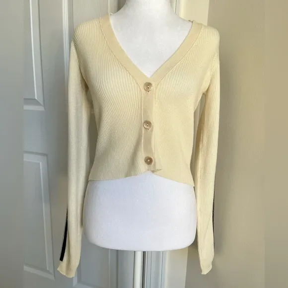 Fiorucci Revolve Ribbed Cropped Knit Logo Tape Cardigan Sweater Cream Black S