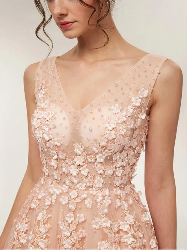 Floral Champagne A-Line Jewel Sleeveless Long Prom Dresses Online,Dance Dresses,12444