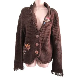 Floral Embroidered Fringe Brown Knit Sweater Vintage Lg FSD Michel Hong Kong GUC