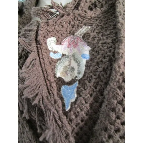 Floral Embroidered Fringe Brown Knit Sweater Vintage Lg FSD Michel Hong Kong GUC