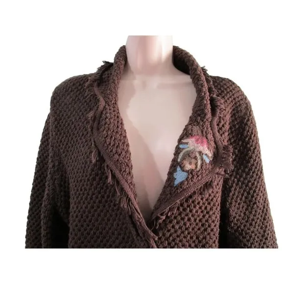 Floral Embroidered Fringe Brown Knit Sweater Vintage Lg FSD Michel Hong Kong GUC