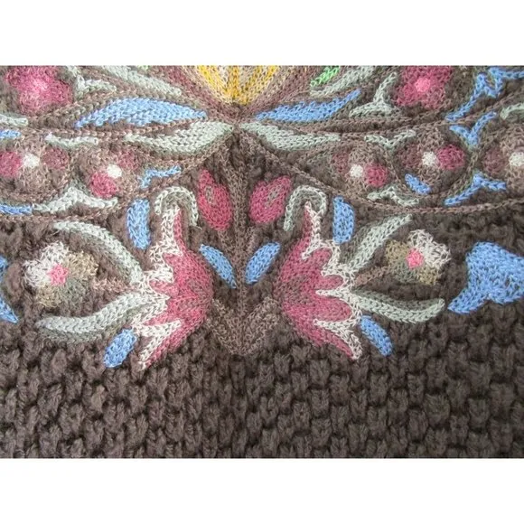 Floral Embroidered Fringe Brown Knit Sweater Vintage Lg FSD Michel Hong Kong GUC