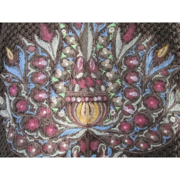 Floral Embroidered Fringe Brown Knit Sweater Vintage Lg FSD Michel Hong Kong GUC