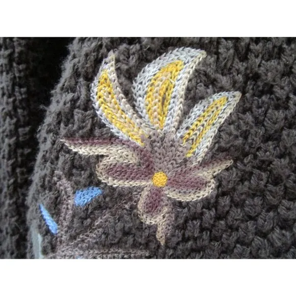 Floral Embroidered Fringe Brown Knit Sweater Vintage Lg FSD Michel Hong Kong GUC