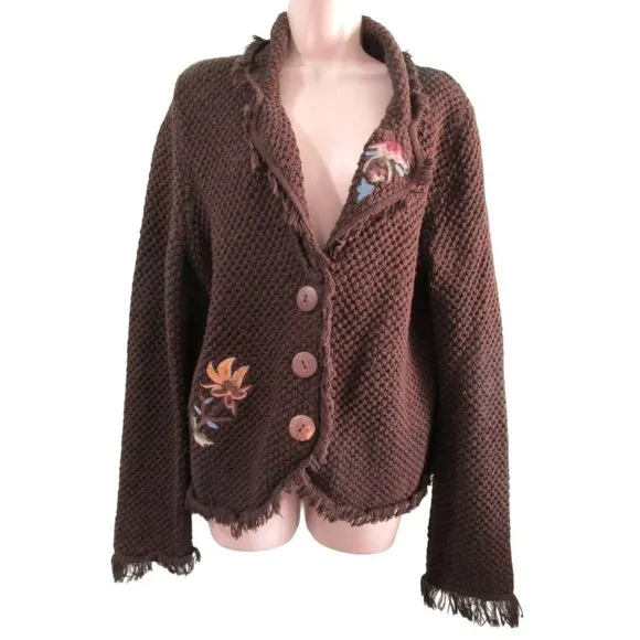 Floral Embroidered Fringe Brown Knit Sweater Vintage Lg FSD Michel Hong Kong GUC