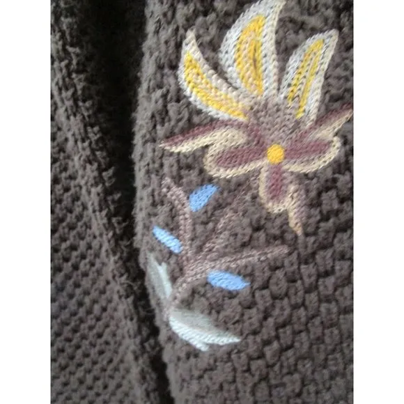 Floral Embroidered Fringe Brown Knit Sweater Vintage Lg FSD Michel Hong Kong GUC
