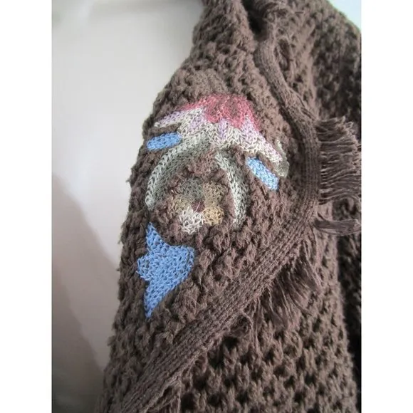 Floral Embroidered Fringe Brown Knit Sweater Vintage Lg FSD Michel Hong Kong GUC