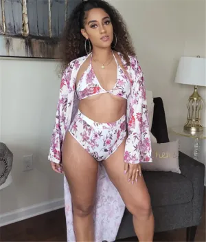 Floral Print Long Sleeve Cover Up 3 Piece Bathing Suit