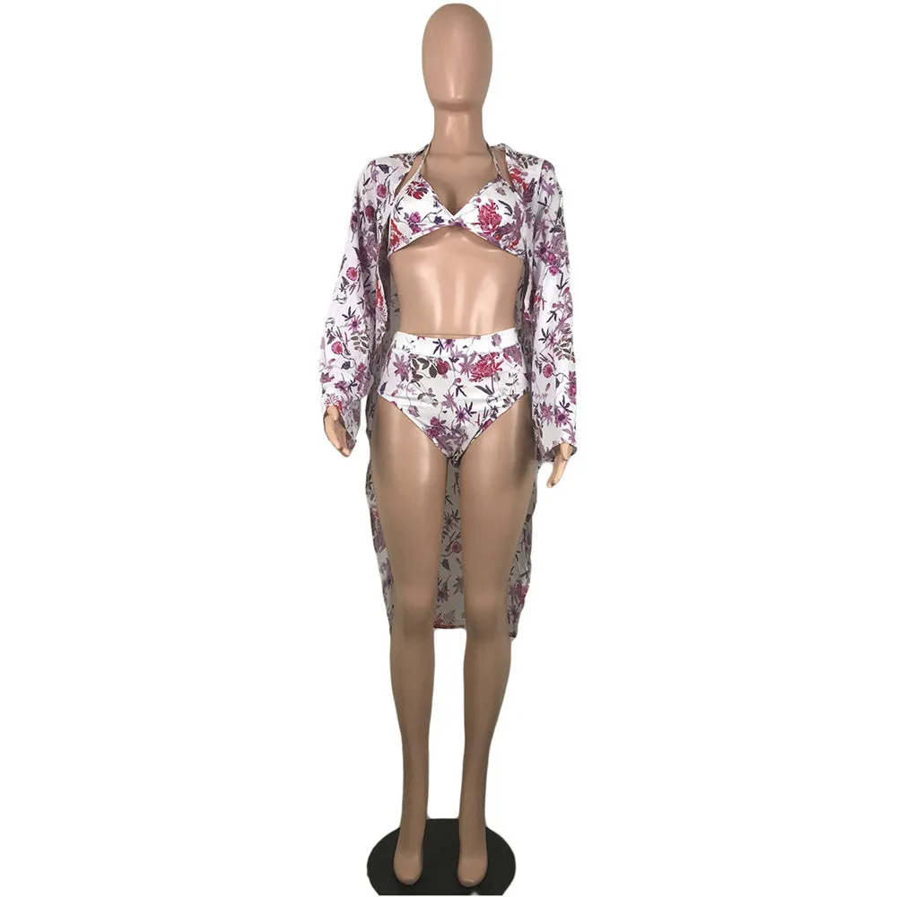 Floral Print Long Sleeve Cover Up 3 Piece Bathing Suit