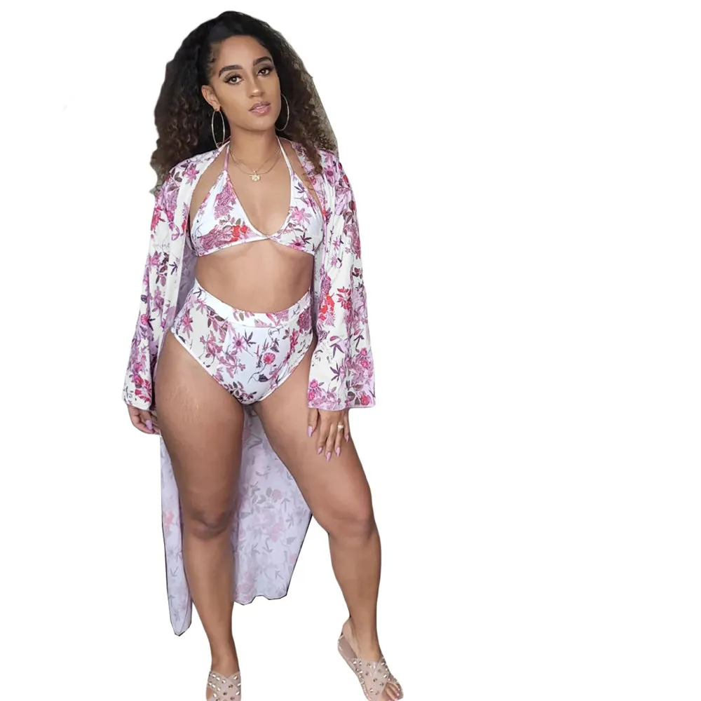 Floral Print Long Sleeve Cover Up 3 Piece Bathing Suit