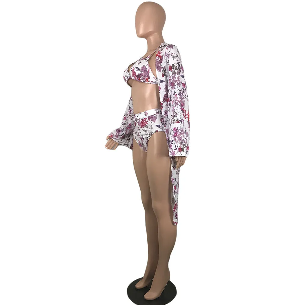 Floral Print Long Sleeve Cover Up 3 Piece Bathing Suit