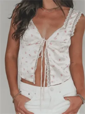 Floral V-neck Lace Trim Tie-up Tank Crop Top