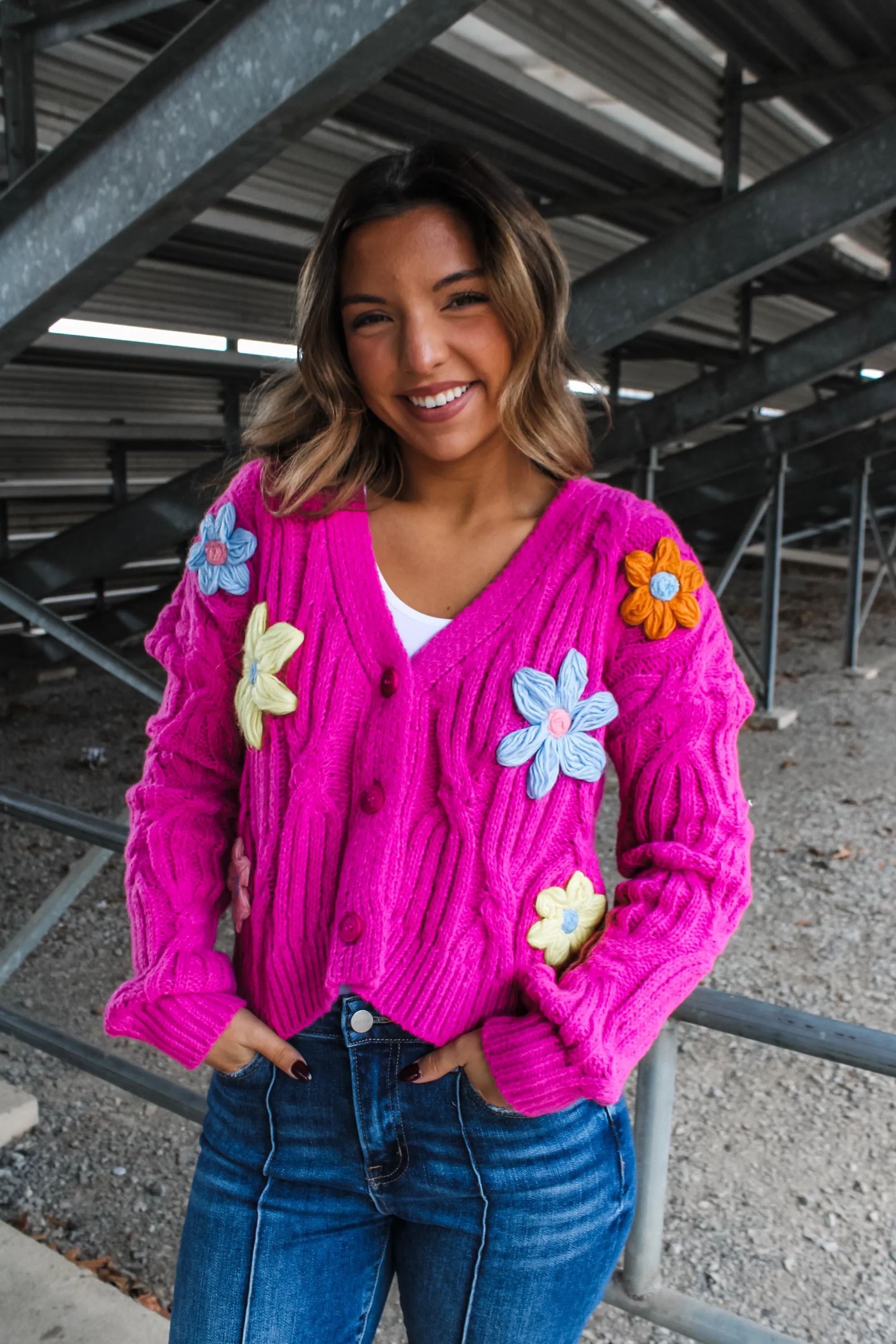 Flower Pop Sweater Cardigan • Hot Pink