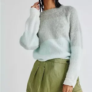Free People Autumn Sky Wool Blend Gray Blue Cream Color Block Sweater medium