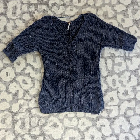 Free People Georgia Blue V-Neck Chunky Sweater Size Small