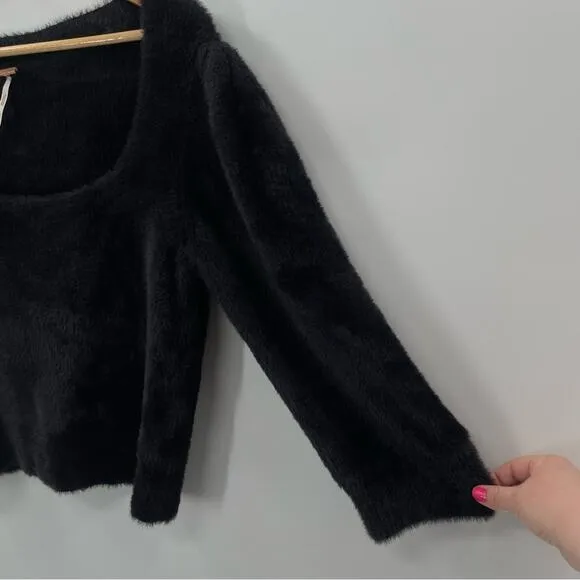 Free People Grunge Boho Moonbeam 3/4 Puff Sleeve Pullover Cropped Sweater Black