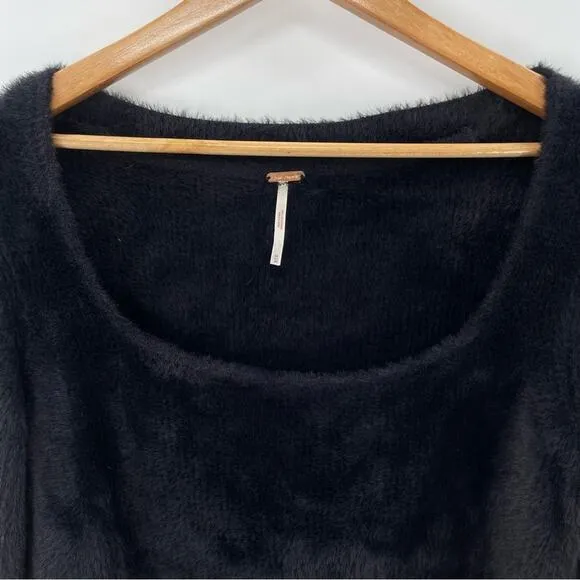 Free People Grunge Boho Moonbeam 3/4 Puff Sleeve Pullover Cropped Sweater Black