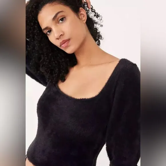 Free People Grunge Boho Moonbeam 3/4 Puff Sleeve Pullover Cropped Sweater Black