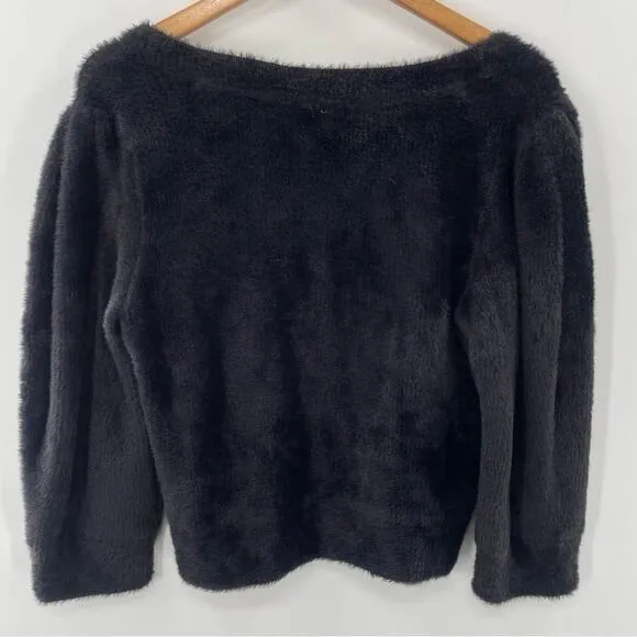 Free People Grunge Boho Moonbeam 3/4 Puff Sleeve Pullover Cropped Sweater Black