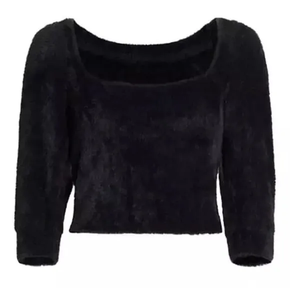 Free People Grunge Boho Moonbeam 3/4 Puff Sleeve Pullover Cropped Sweater Black