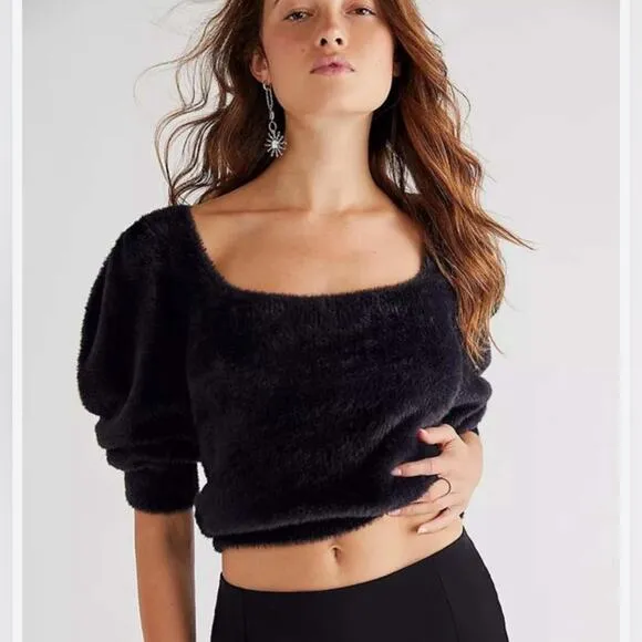 Free People Grunge Boho Moonbeam 3/4 Puff Sleeve Pullover Cropped Sweater Black