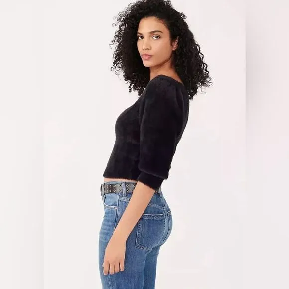 Free People Grunge Boho Moonbeam 3/4 Puff Sleeve Pullover Cropped Sweater Black