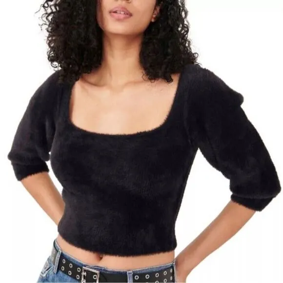 Free People Grunge Boho Moonbeam 3/4 Puff Sleeve Pullover Cropped Sweater Black