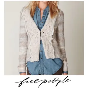 Free people wool sweater cardigan chunky knit blue stripe twist braid
