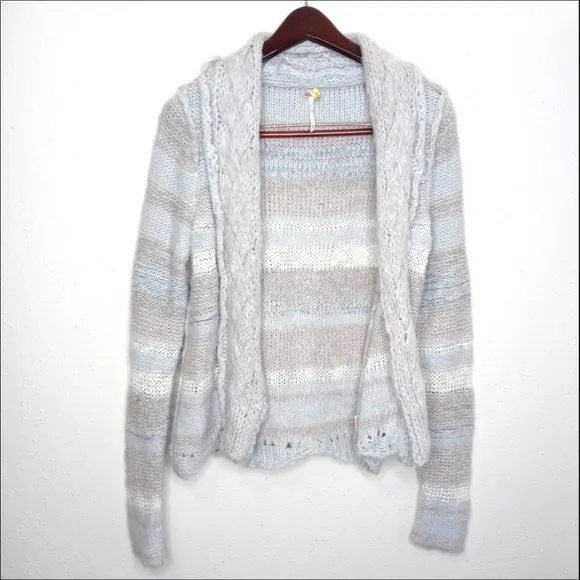 Free people wool sweater cardigan chunky knit blue stripe twist braid
