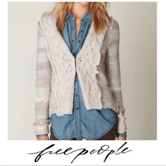 Free people wool sweater cardigan chunky knit blue stripe twist braid