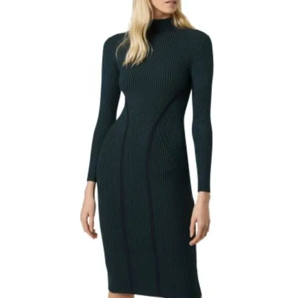 French Connection Simona Green Ribbed Knit Sweater Dress Long Sleeve Bodycon