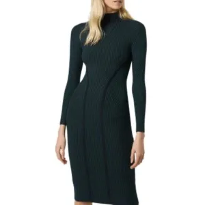 French Connection Simona Green Ribbed Knit Sweater Dress Long Sleeve Bodycon