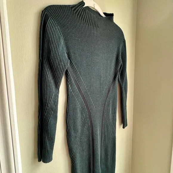 French Connection Simona Green Ribbed Knit Sweater Dress Long Sleeve Bodycon