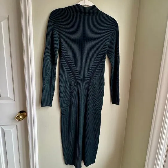 French Connection Simona Green Ribbed Knit Sweater Dress Long Sleeve Bodycon