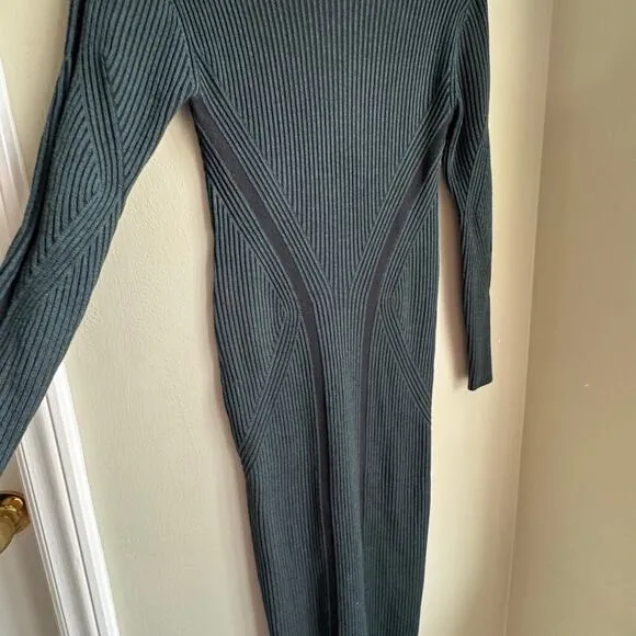 French Connection Simona Green Ribbed Knit Sweater Dress Long Sleeve Bodycon