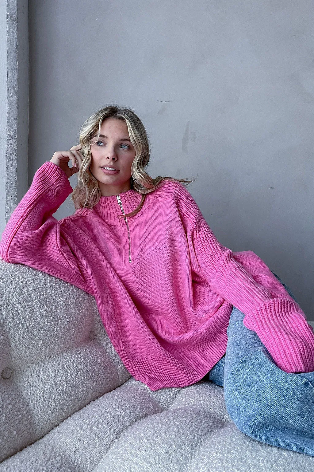 FSJ1110-STK - Solid half front zipper knit oversized pullover - U/C: $15