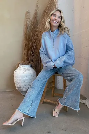 FSJ1110-STK - Solid half front zipper knit oversized pullover - U/C: $15