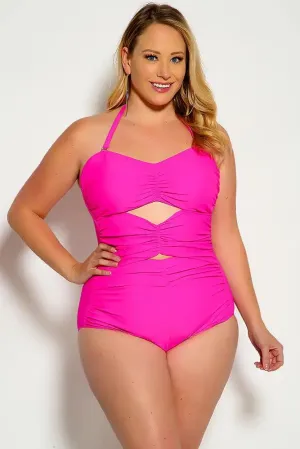 Fuschia Cut Out Halter One Piece Swimsuit