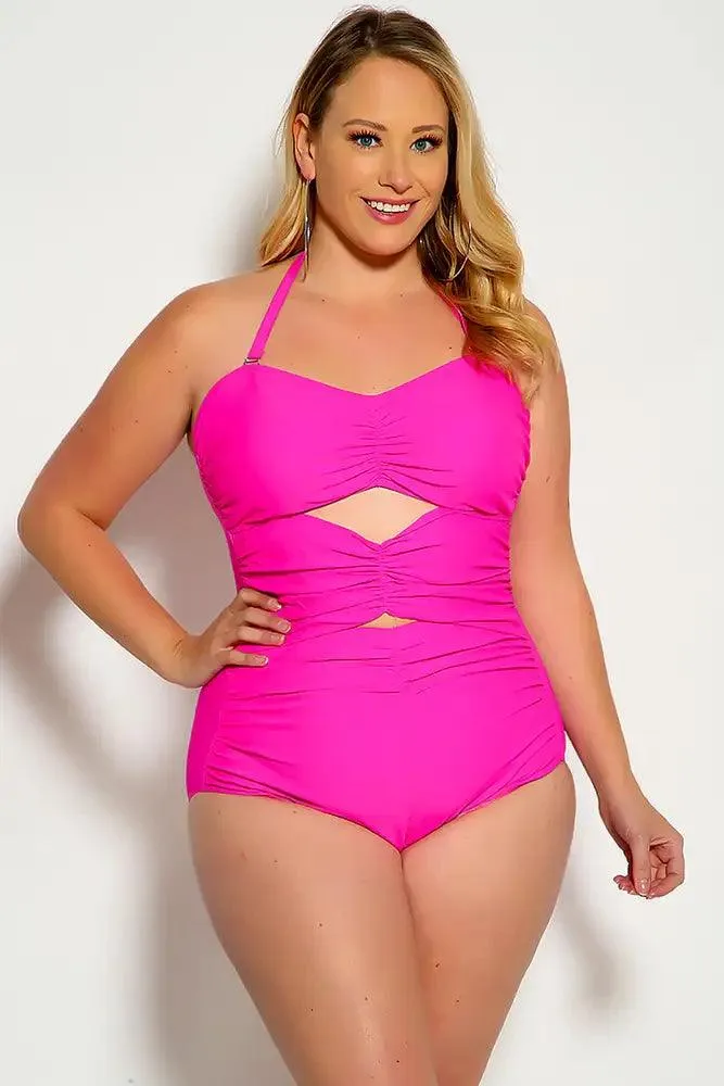 Fuschia Cut Out Halter One Piece Swimsuit
